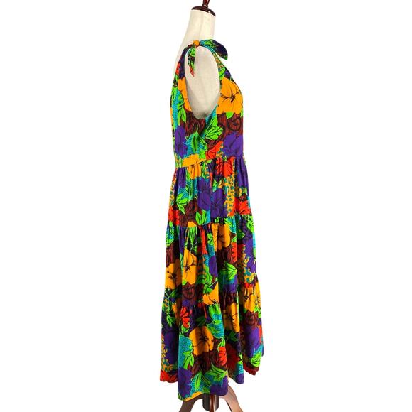 Vtg 80s 90s Two Potato Aloha Floral Midi Tiered Tie Shoulder Dress M Resort Wear - Picture 2 of 16